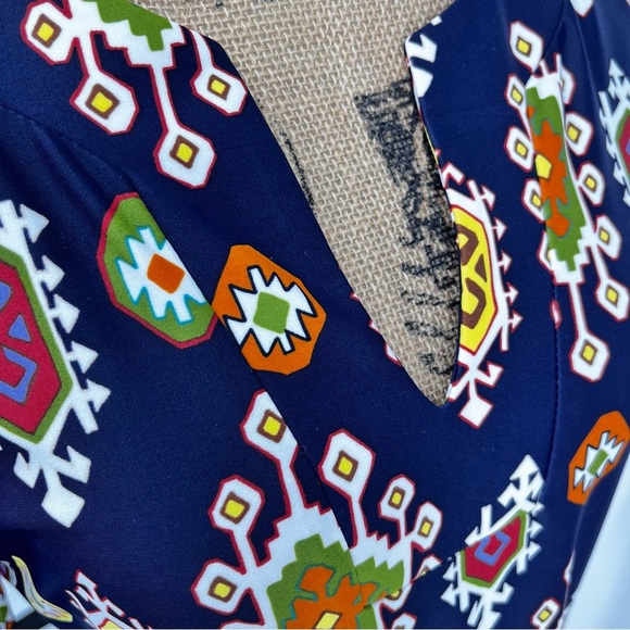 Jude Connally Navy Blue Boat Neck Shift Dress V-Neck Retro Print 70's Stretch - Picture 4 of 9